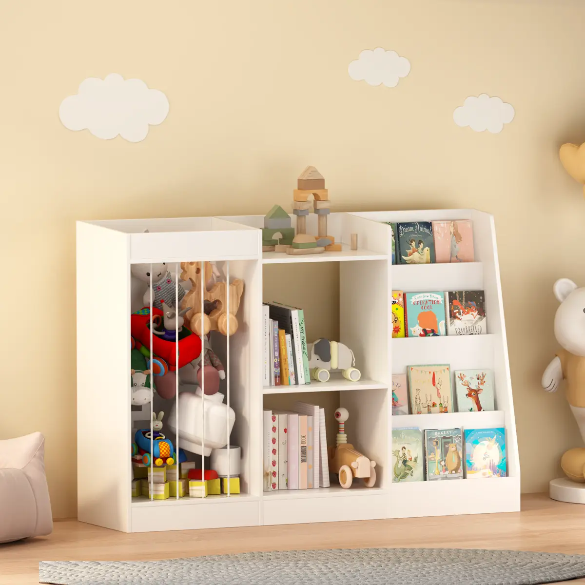 White 3-in-1 Kids Sturdy Bookshelf - 47.3in L*11.8in W*31.5in H, 43.6 lbs, Particleboard MDF, 4-Tier Front-Facing Book Rack, 3-Tier Toy Storage, Anti-Tipping Straps, Assembly Required, Cultivates Neat Daily Habits, Nursery Organizer