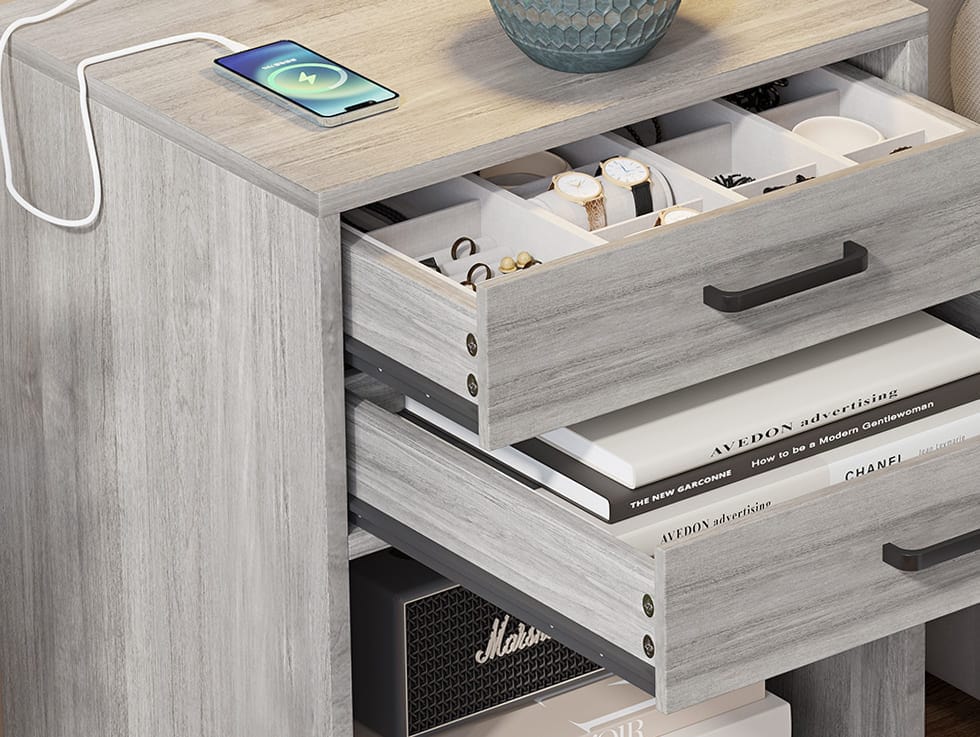 Sikaic 2Pcs Nightstand with Charging Station Modern Bedside Table with 2 Drawers and Open Storage Shelf for Bedroom