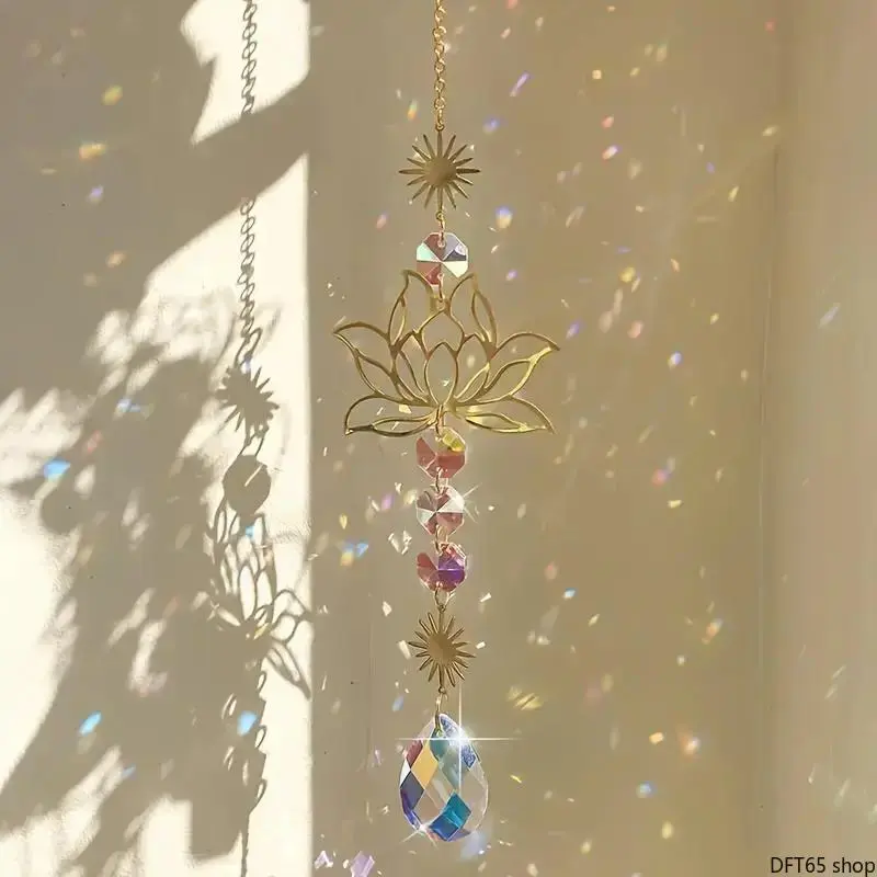 Lotus Flower Glass Crystal Sun Catcher With Celestial Star Moon Accents Multi Faceted Prism Beads Refract Sunlight To Form Soft Rainbow For Living Room Interior Window Boho Gentle Style Hanging Wall Decor Ornament