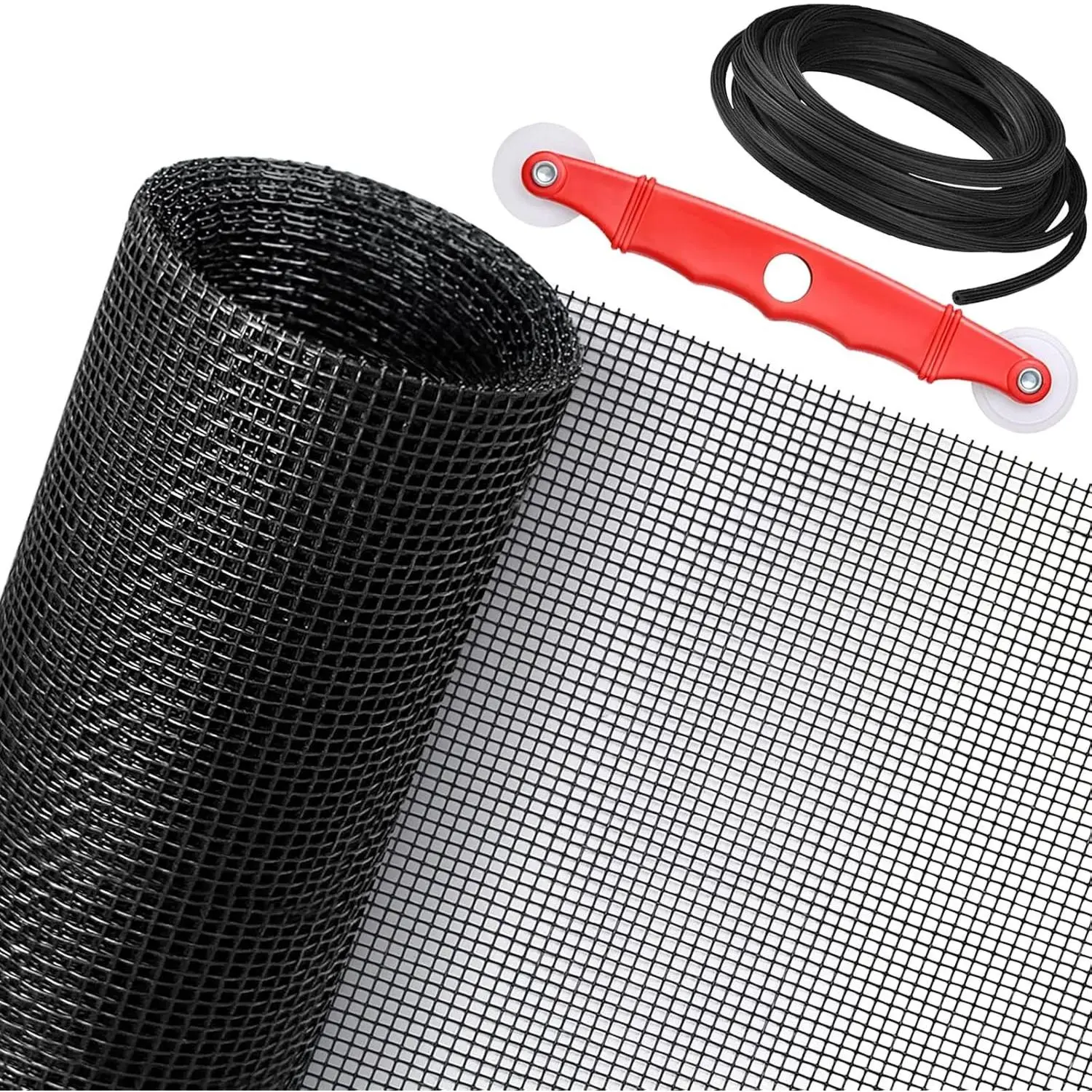 48'' x 99'' Black Fiberglass Window Screen Replacement Kit, DIY Adjustable Screen Mesh with Rolling Tool and Retainer Spline for Window, Door & Patio
