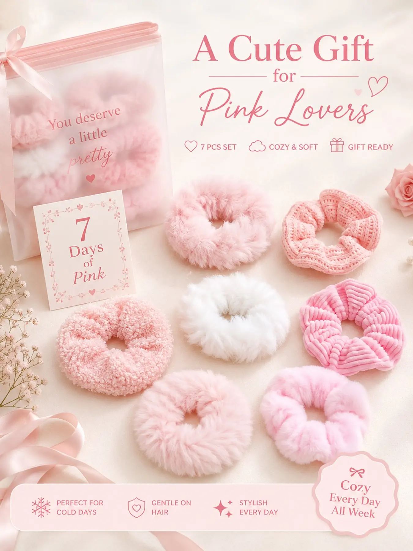 7-piece/set autumn and winter plush scrunchies, suitable for women and girls, soft plush, teddy plush, knitted, and ribbed scrunchies, suitable for ponytails, buns, and comfortable outfits