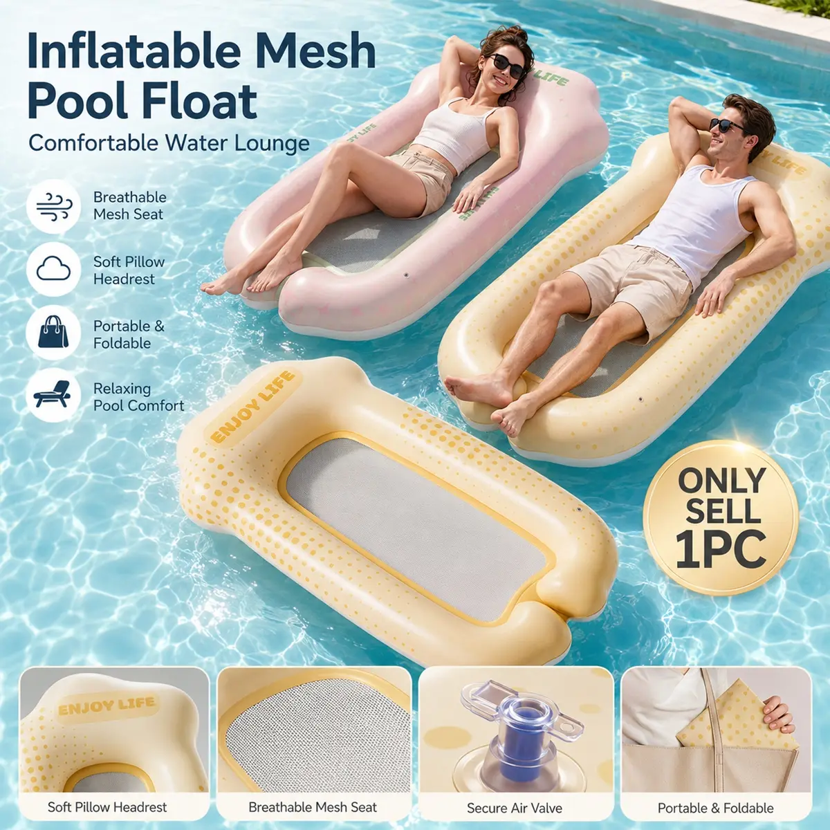 Inflatable Mesh Pool Lounger Float for Adults, Foldable Water Hammock Lounge Chair with Cooling Mesh Seat, Soft Backrest and Ergonomic Design, Tanning Pool Raft for Swimming Pool, Beach, Lake, Backyard, Summer Party and Vacation Relaxing