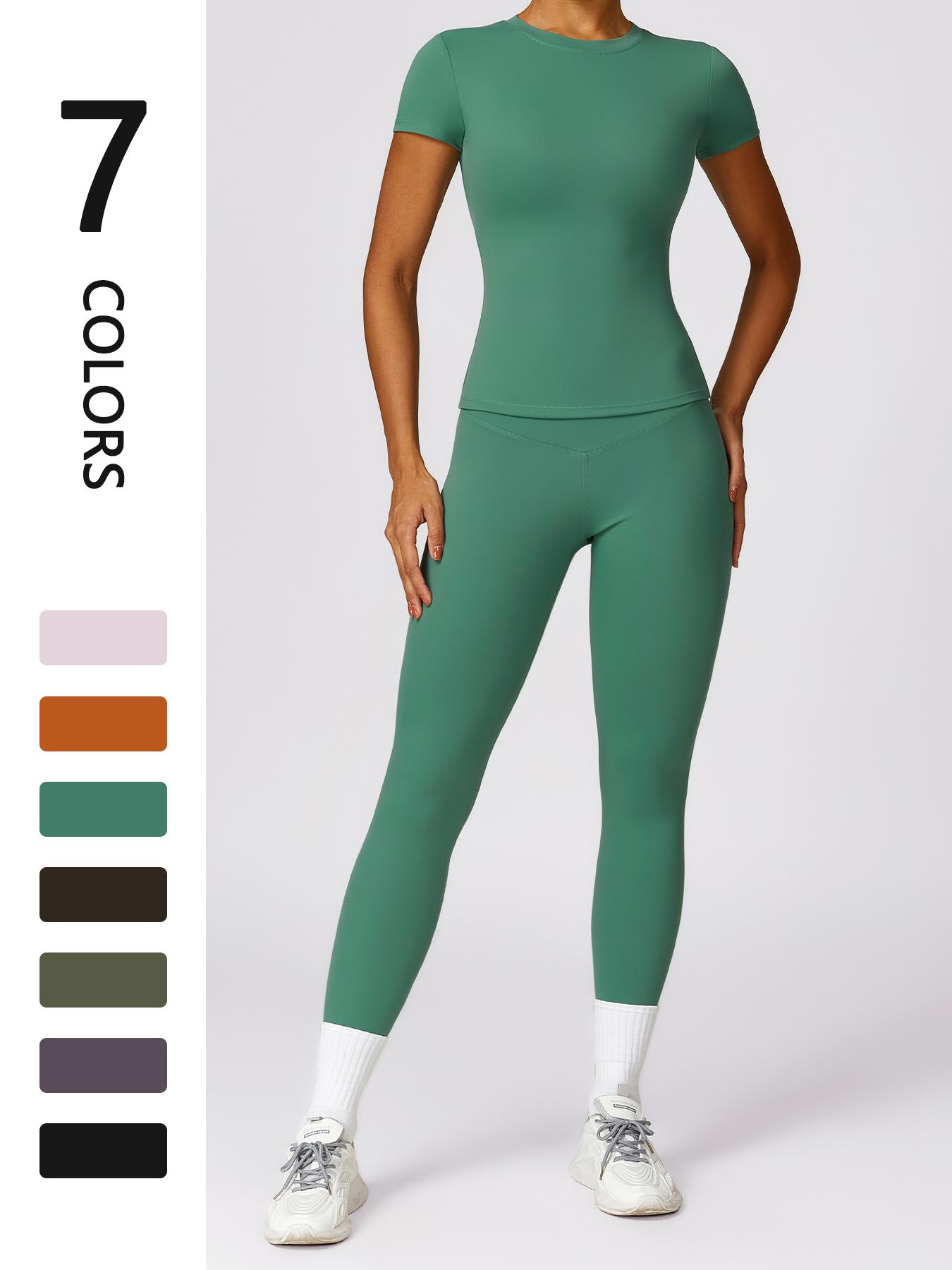 Women's Solid Round Neck Tee & High Waist Leggings Sportswear Set, Breathable Quick Drying Short Sleeve T-shirt & Skinny Pants, Ladies Sportswear for Indoor Outdoor Wear