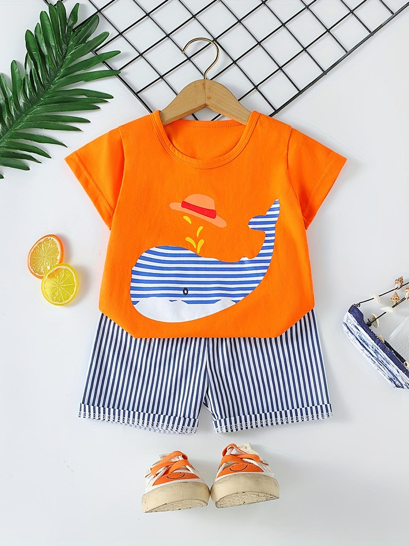 Boys' Casual Summer Outfit - Cute Cartoon Design with Whale & Hot Dog Graphic - Short Sleeve T-Shirt & Whale Shorts Set - Blue & White Striped Pattern - Regular Fit for Casual Attire - Boy Shorts - Everyday Kids Clothing - Playful Kids Fashion -