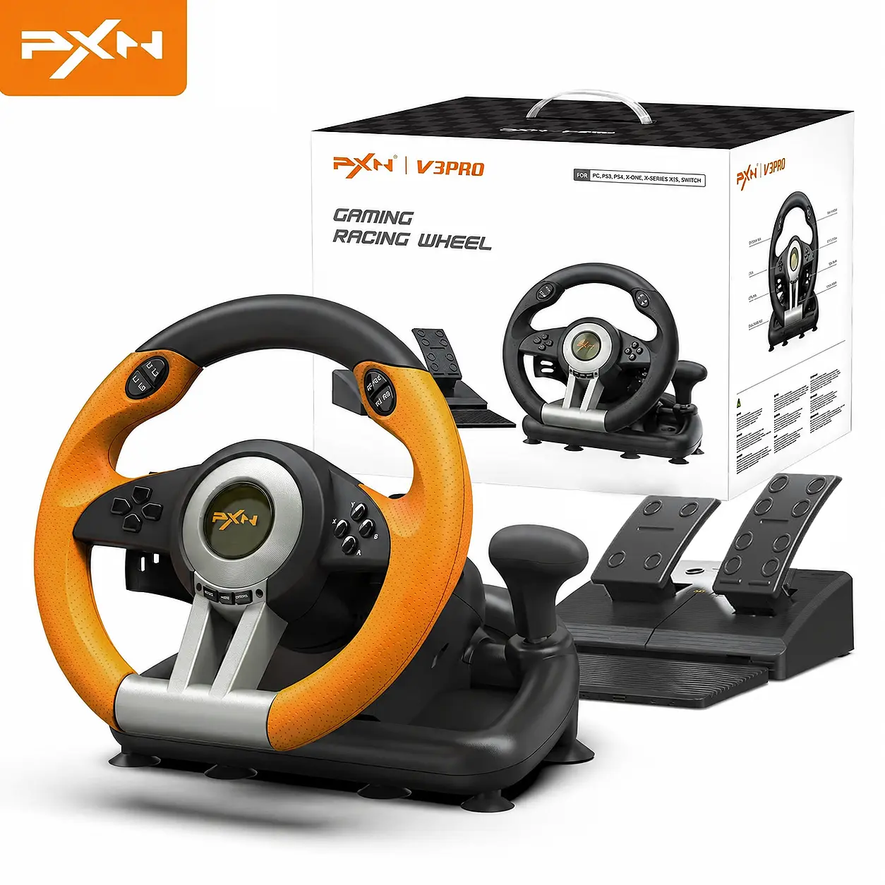PXN V3 Pro Racing Steering Wheel with Pedals, 180° Rotation Driving Simulator for PC, PS4, PS3, Xbox 1, Switch
