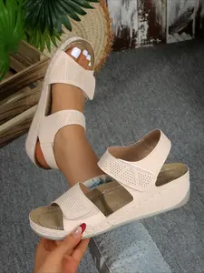 Vintage hollow wedge slide sandals with carved breathable upper, cushioned insole & anti-slip thick sole, comfy for daily casual wear.