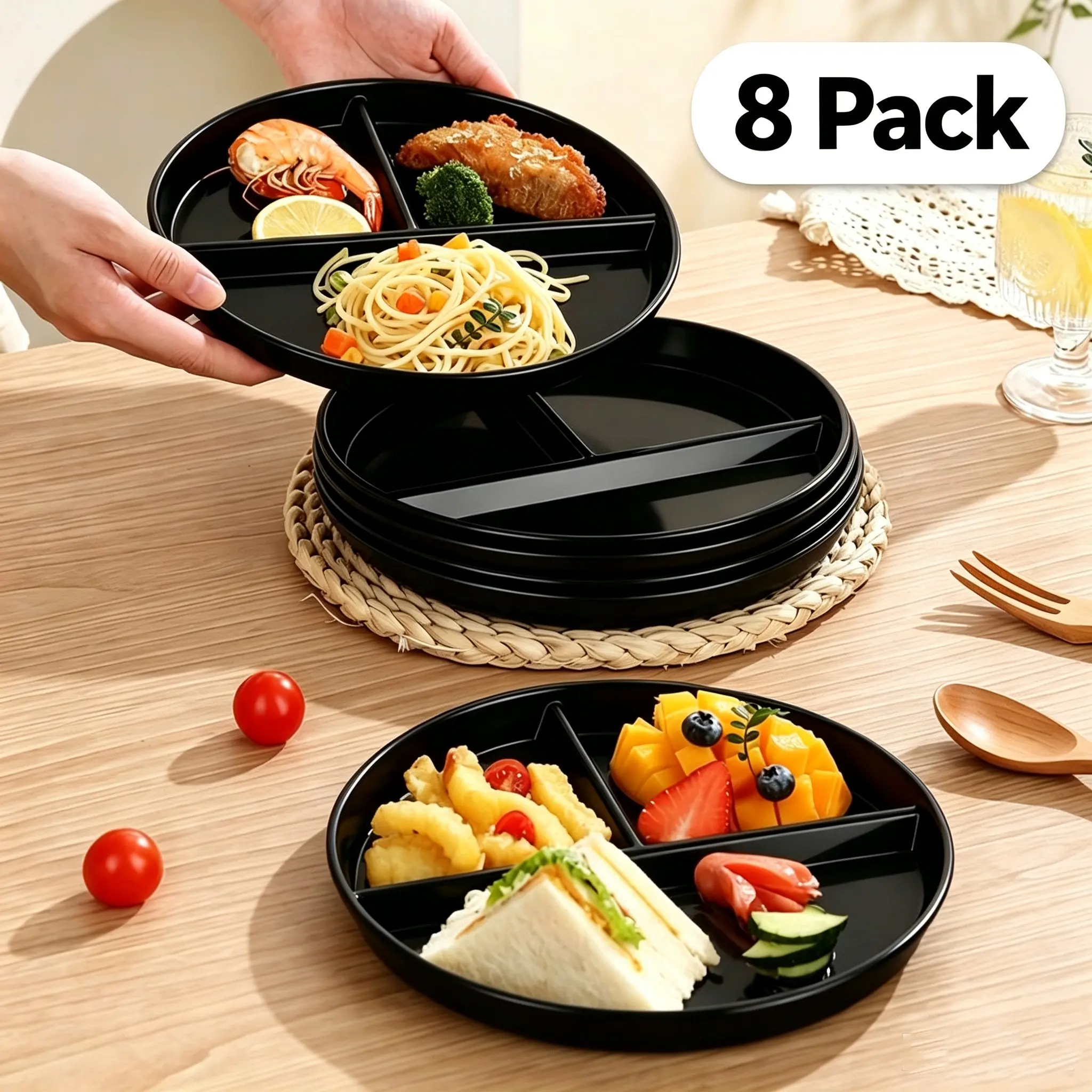 8 Pack Divided Plates for Adults, Unbreakable Portion Control Plate Sectioned with Dividers, Picnic Salad Dinner Plate, 9 Inch Plastic Food Separator Dinner Plates Lightweight Compartment BPA Free Reusable Microwave Safe