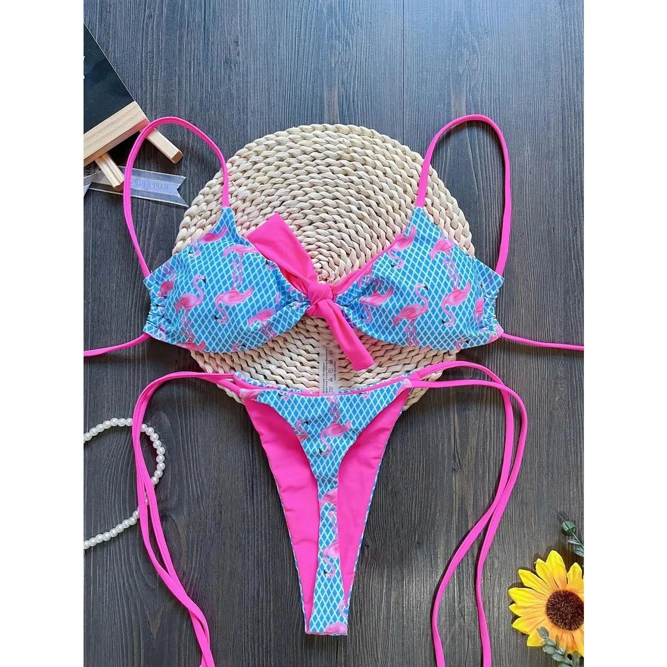 RUOTONGSEPT Sexy Grid Flamingo Print Swimsuit Woman 2026 New Two-Piece swimwear Push up Thongs Bikinis Set Bathing Suit Biquini