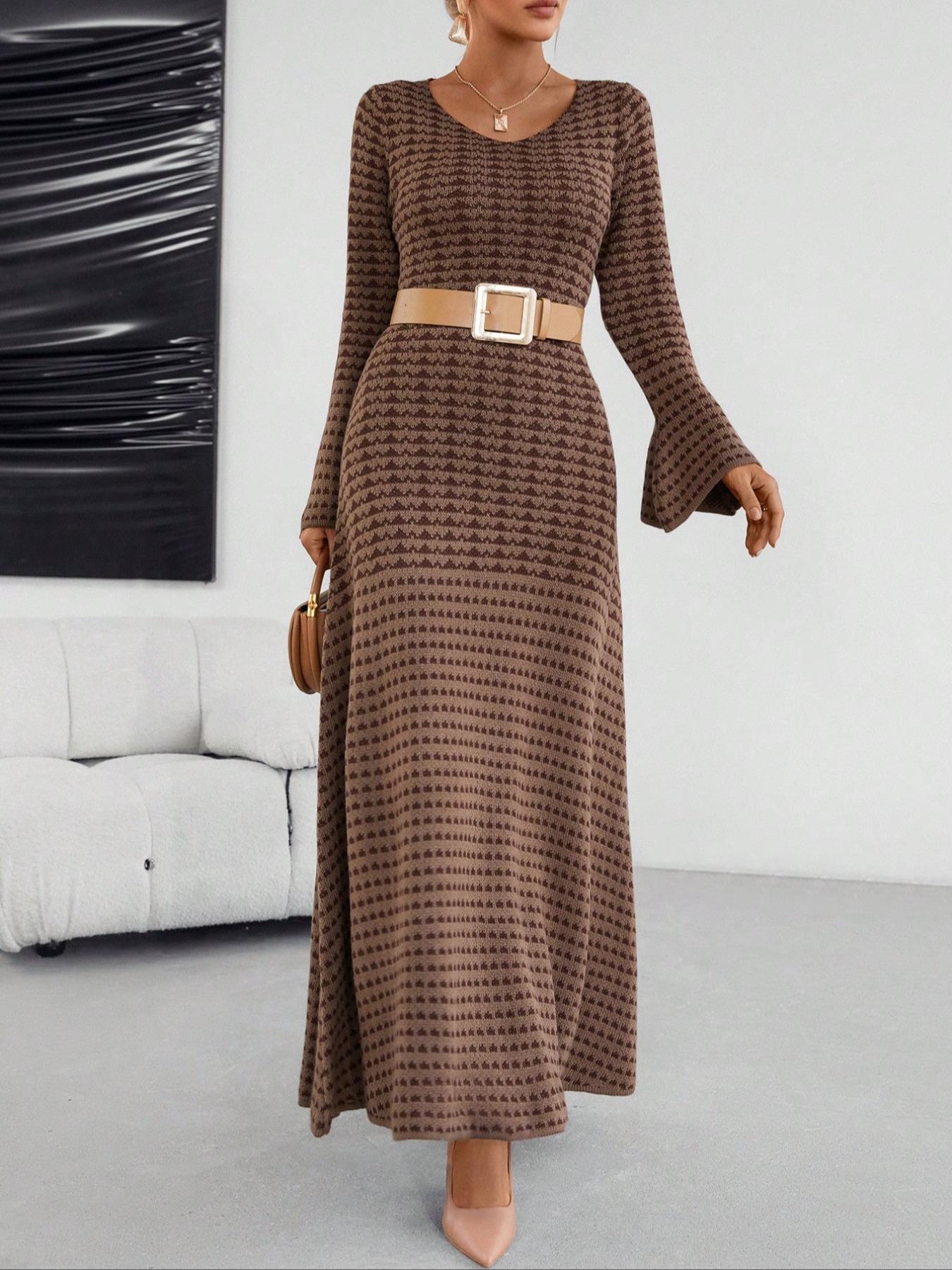 Women's Knit Elegant Commuter Dress, Fall & Winter Striped Round Neck Flare Sleeve Long Skirt, Loose Fit Sweater Dress (pattern Random)