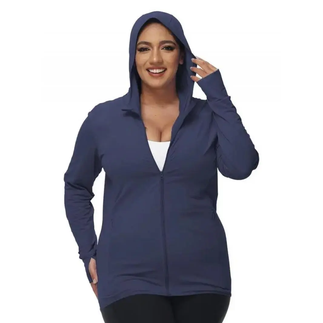 Plus Size Solid Zip Up Hooded Rashguard, Long Sleeve Sun Protection Outerwear for Women, Women's Sportswear for Indoor Outdoor Wear(gift)