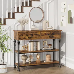 Narrow Console Table with 2 Drawers and Open Storage Shelves - Space-Saving Sofa Table for Entryway, Hallway, Living Room, or Behind Couch - Rustic Accent Furniture