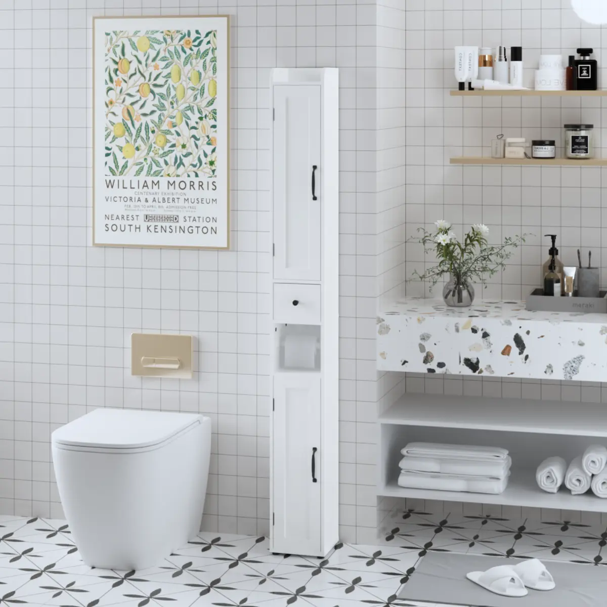 Slim Tall Waterproof MDF Freestanding Storage Cabinet, White, Reversible Hinged Door, Adjustable Shelves, Detachable Tissue Holder, Indoor Cupboard for Bathroom Kitchen Organization