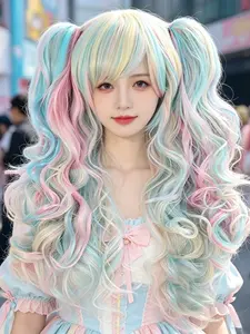 Fashion Long Colorful Wavy Synthetic Wig with Bangs, Full Party Wig + Two Hair Clips Set, Adjustable Net Cap, Perfect for Daily, Parties, Halloween, Christmas