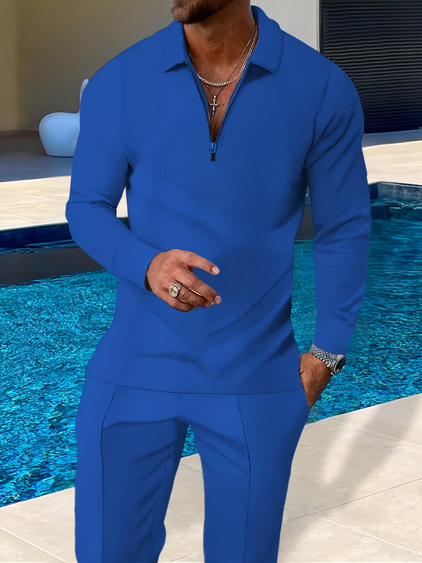 Summer Men's Casual Suit: Solid Color Long-Sleeve Top and Pants, Half-Zip Turn-Down Collar Men's Suit, Lightweight and Breathable Street Casual Pleated Suit