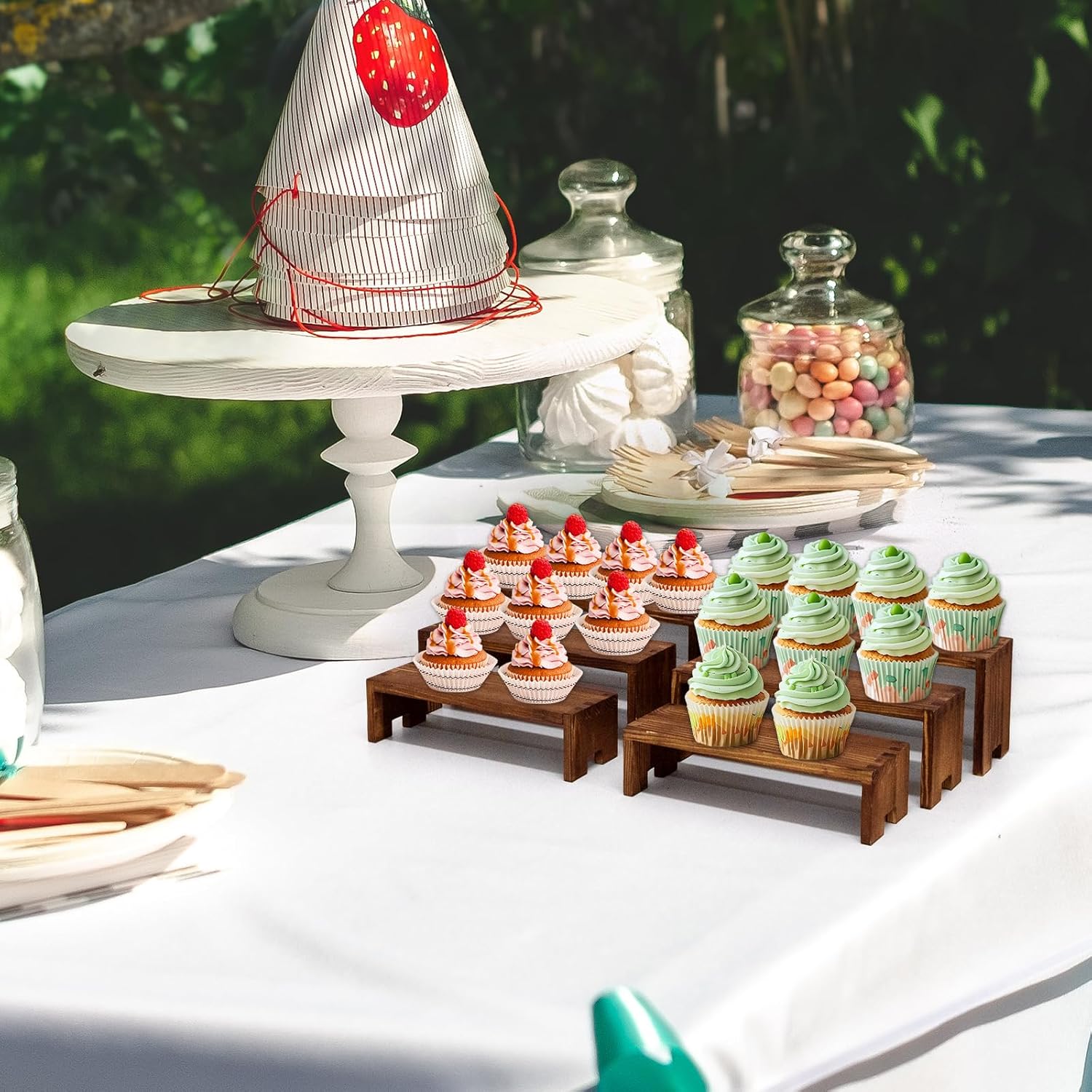 Display Risers Wooden Stand 3 Tier Racks Decorative Rectangular, 2 Set 6 count Cupcake Stands Cologne Perfume Organizer Dessert Showcase(Brown) Display Risers Wooden Stand 3 Tier Racks Decorative Rectangular, 2 Set 6 count Cupcake Stands Cologne Perfume Organizer Dessert Showcase(Brown)