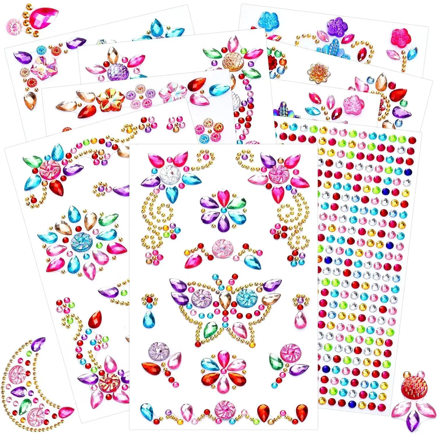 9 Sheets Self-Adhesive Glitter Rhinestone Stickers for Crafting, Scrapbooking, DIY Decoration with Butterfly, Moon, Heart Designs