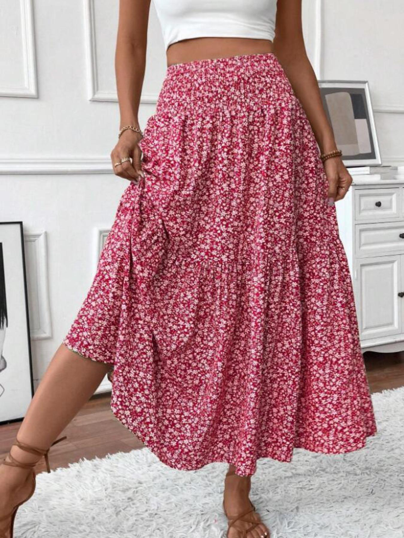 Women's Ditsy Floral Print Elastic, Boho Casual Skirts, Fashion Casual Long Skirt for Daily Holiday Vacation Wear, Ladies Bottoms for Summer