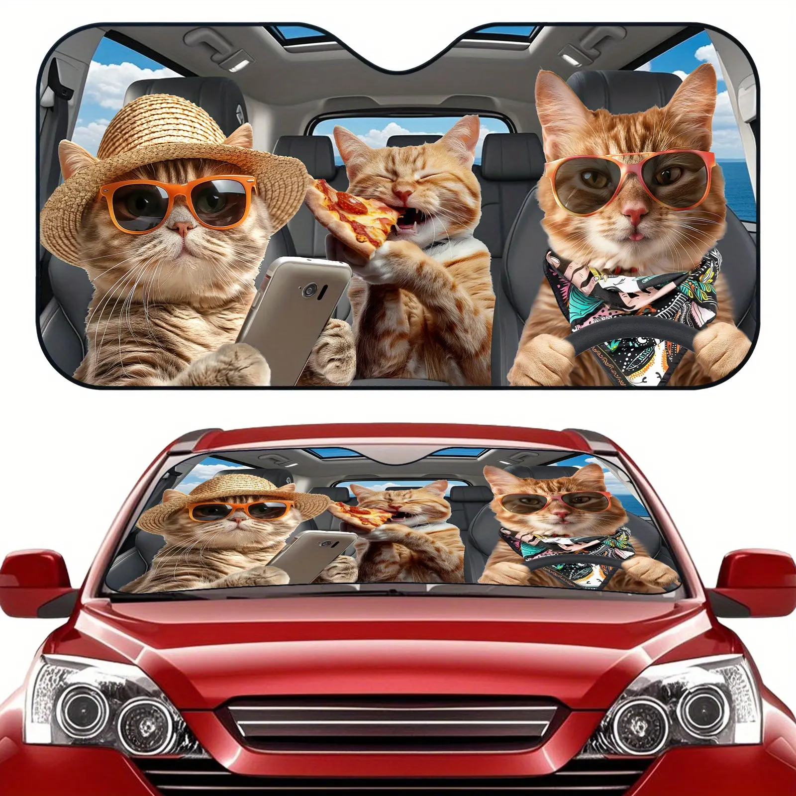 Cat Trip Pattern Car Shield Sun Protector,Foldable Design Car Shade Front Windshield Heat Blocking Blocks UV Rays Universal Fit for Cars, Trucks & SUVs