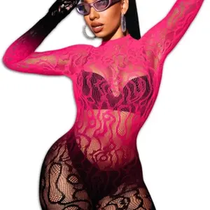 Women's Romantic Floral Fishnet Bodystocking Lingerie with Spaghetti Straps, Bow Accent, and Open Crotch, Lingerie Set