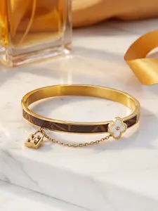 French Vintage Monogram Leather Pattern Open Bangle, Mother of Pearl Four-Leaf Clover with Mini Lock Charm, Light Luxury Daily Bracelet, Gift for Girlfriend