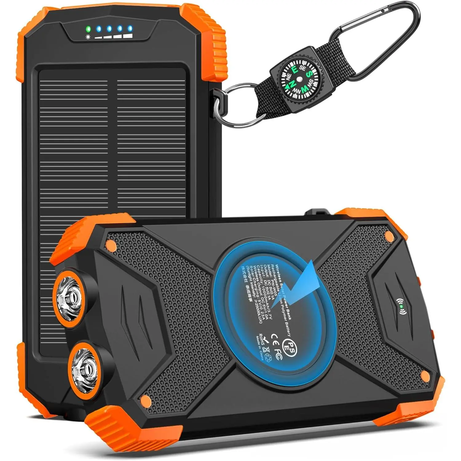 Solar Power Bank 10,000mAh, Portable Wireless Charger, 20W Fast Charging External Battery Pack with USB C  Cell Phones, Solar Panel Charging with Dual Flashlight  Camping