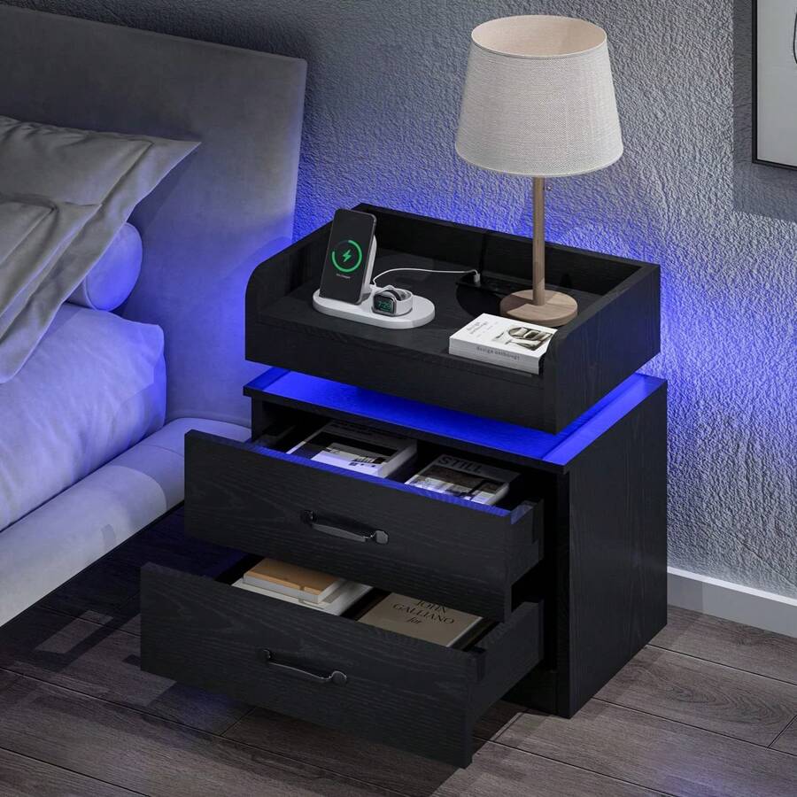 Night Stand with Charging Station, LED Lights & Drawers, Modern Bedside Table for Bedroom (White/Black/Grey)