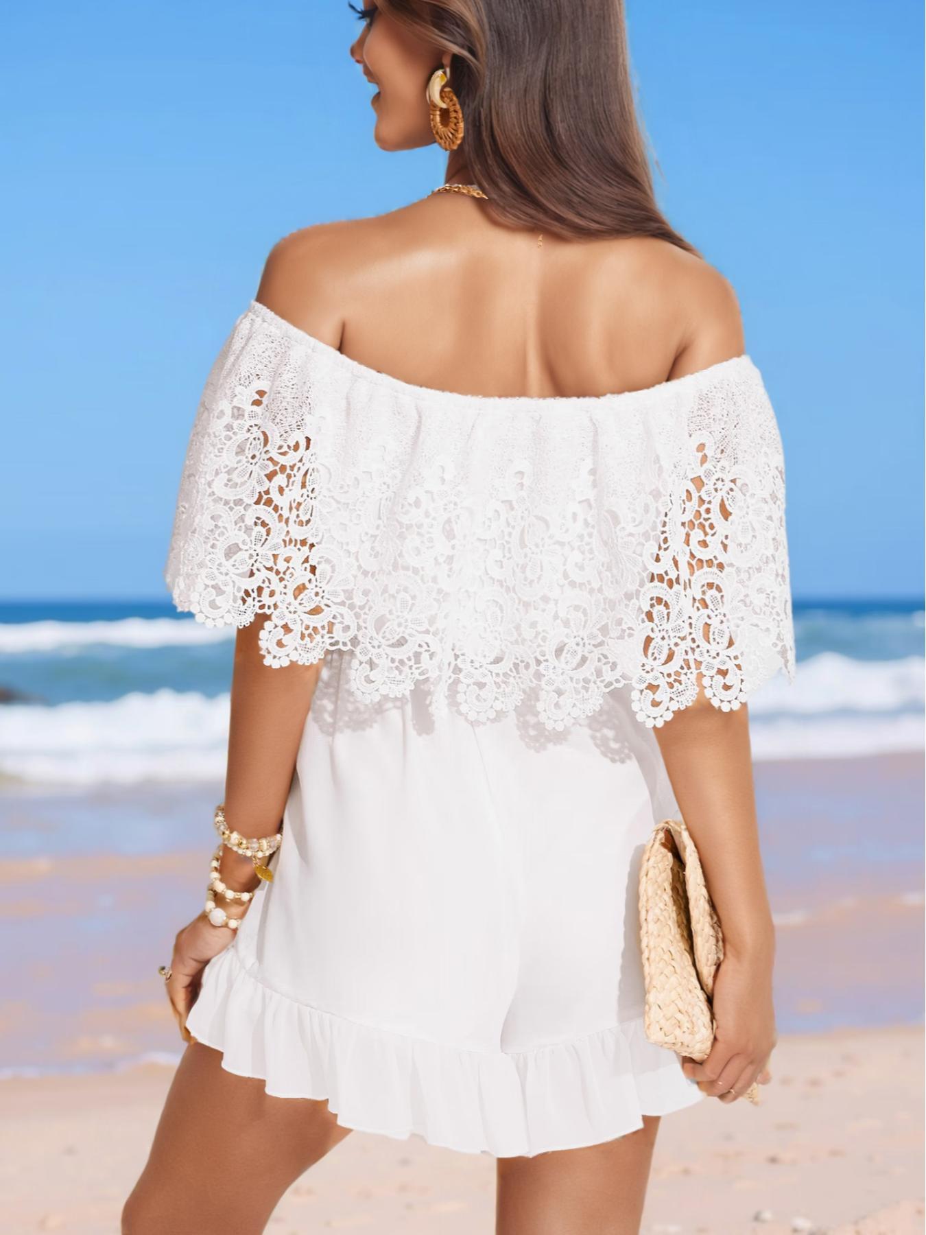 Women's Solid Lace Trim Off Shoulder Romper, Boho Cute Fashion Casual Basic Romper for Daily Holiday Vacation Wear, Ladies Clothes for Summer