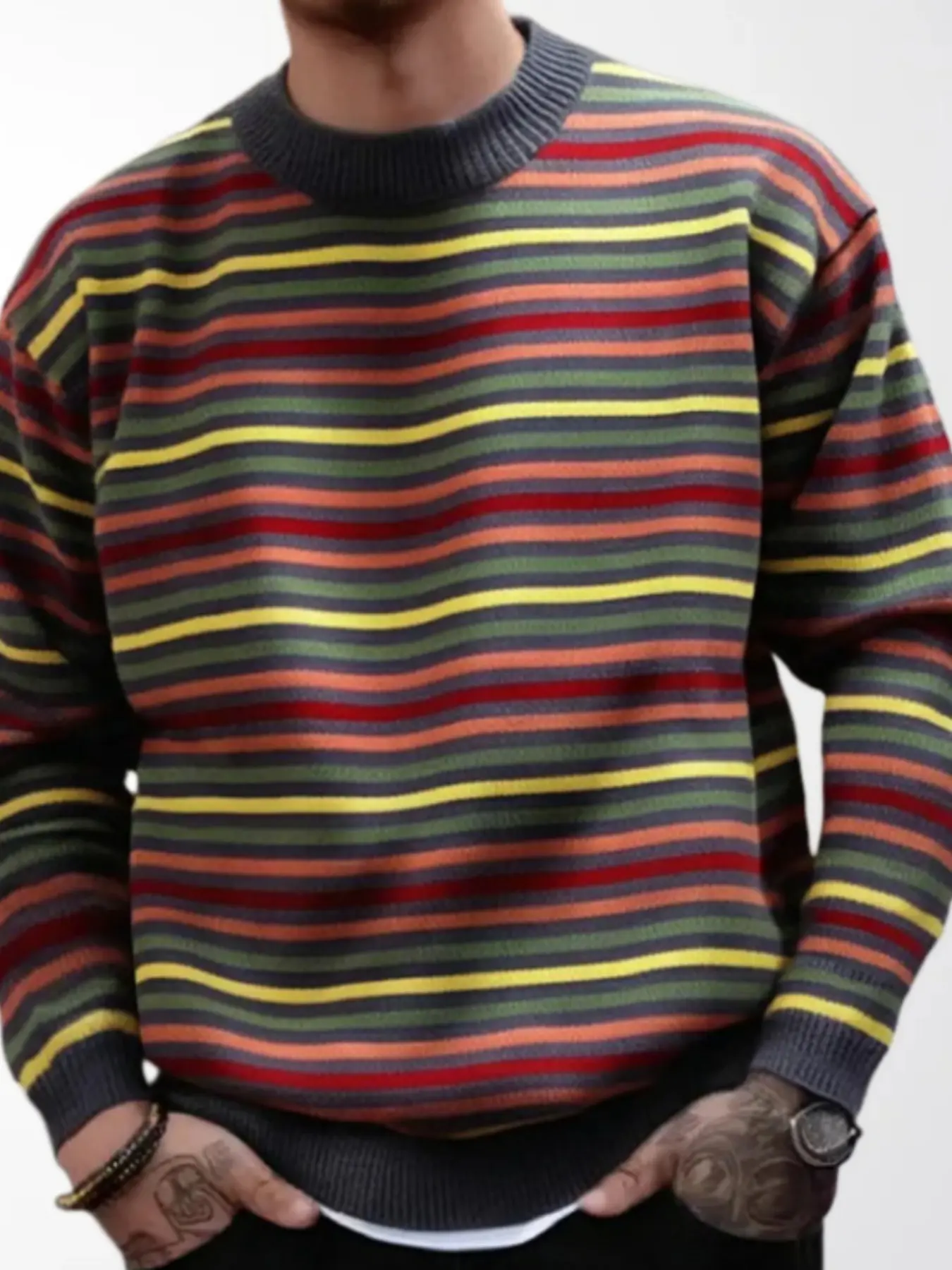 Men's Fall Winter Sweater, American Vintage Colorful Striped Jacquard Round Neck Pullover, Knitted Top for Men, Casual Wear