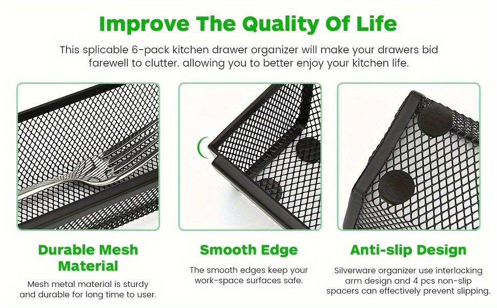 6pcs Expandable Kitchen Drawer Organizer for Cutlery and Silverware - Durable Metal, Lightweight Design with Interlocking Arms for Easy Storage (24.38x7.62x5.08 cm)