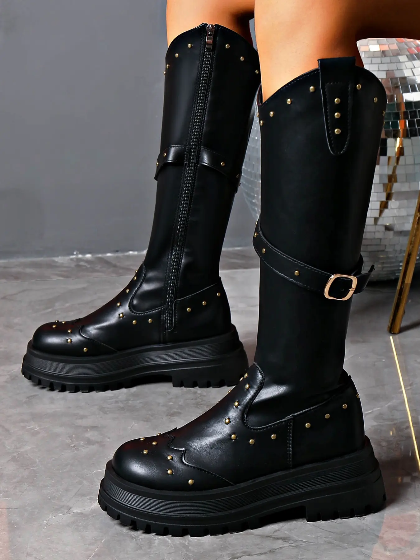 Women's Rivet Decor Western Cowboy Boots, Buckle Platform Mid Heel Knee-High Gothic Boots, Stylish Footwear for Fashionistas
