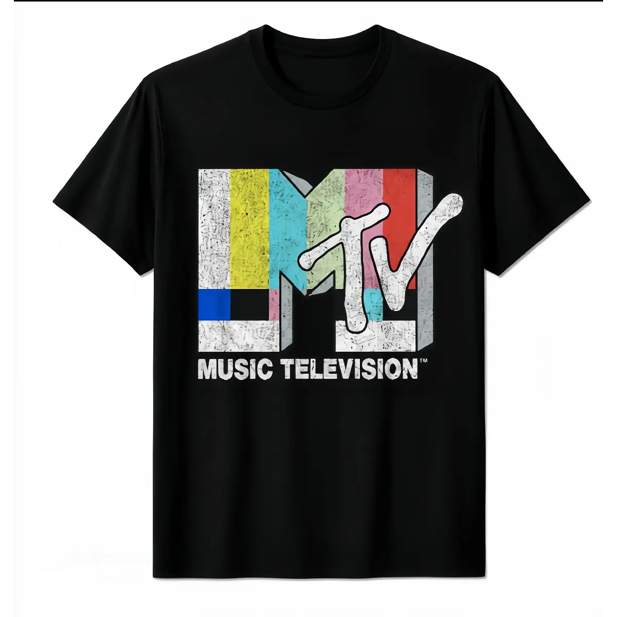 Retro Color Block Distressed Music Theme Graphic Short Sleeve T-Shirt