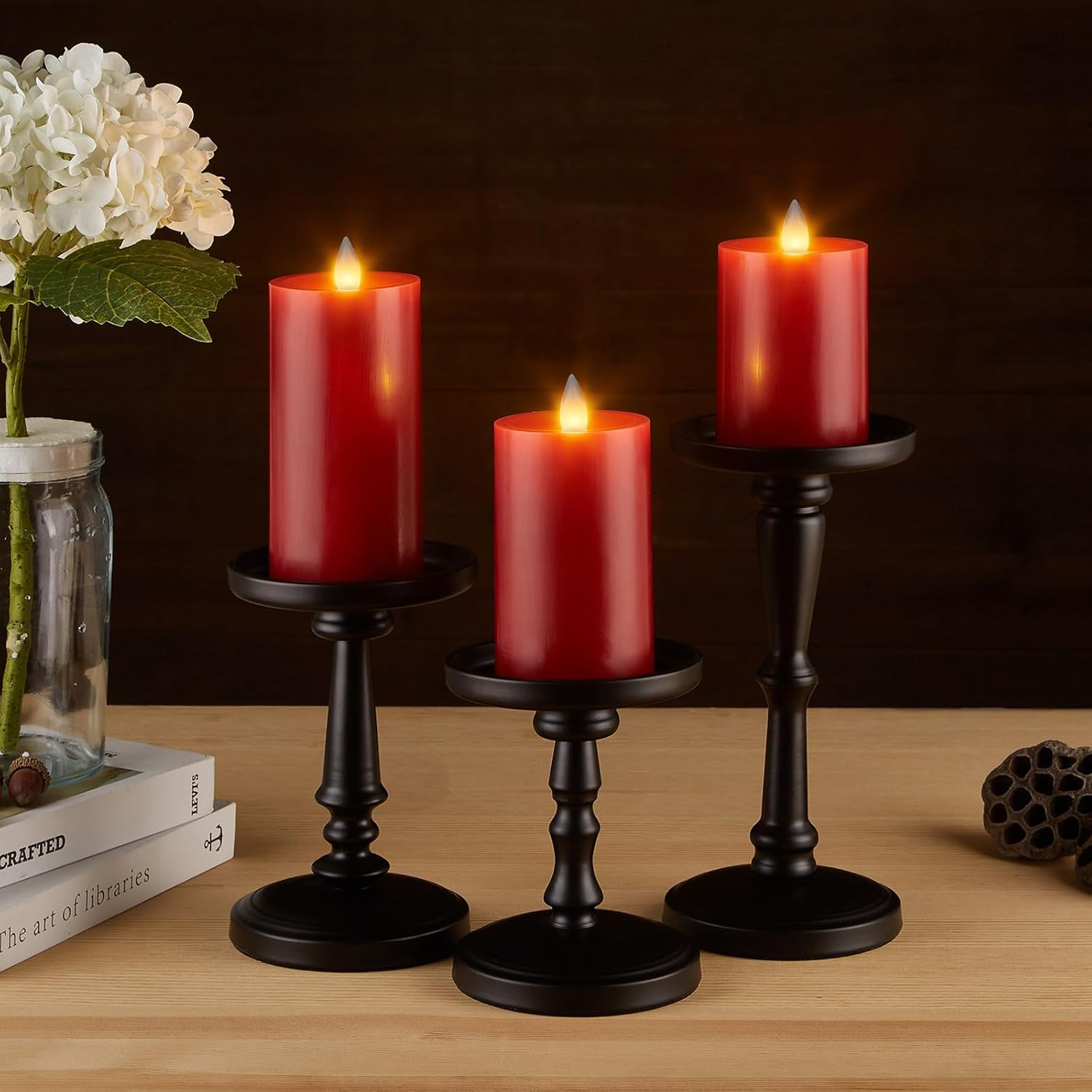 Flameless Pillar Candles Flickering with Remote Timer,  Operated LED Candles Up to 400 Hours, 3D Moving Flame Real Wax Candles, Set of 3, D3 x H4, 5", 6",Remote Included (Red)