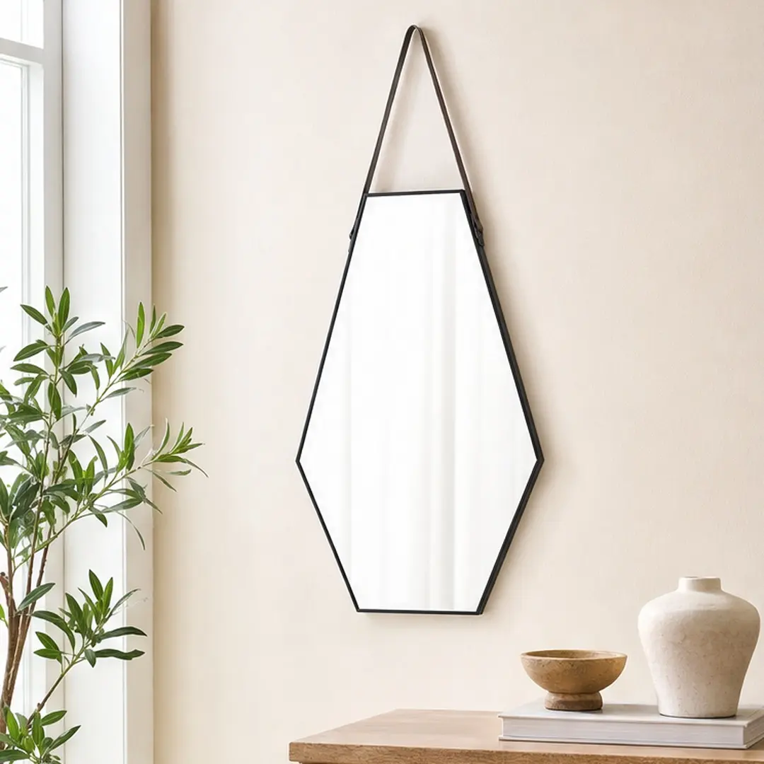 Large Size Hexagon Wall Hanging Mirror, 18x1.6x31in Black-Silver Durable MDF+Glass Frame, Leather Strap Mounting, Minimalist Arch Design, Modern Decor for Living Room Bedroom, 1 Pack, Hexagon Shape