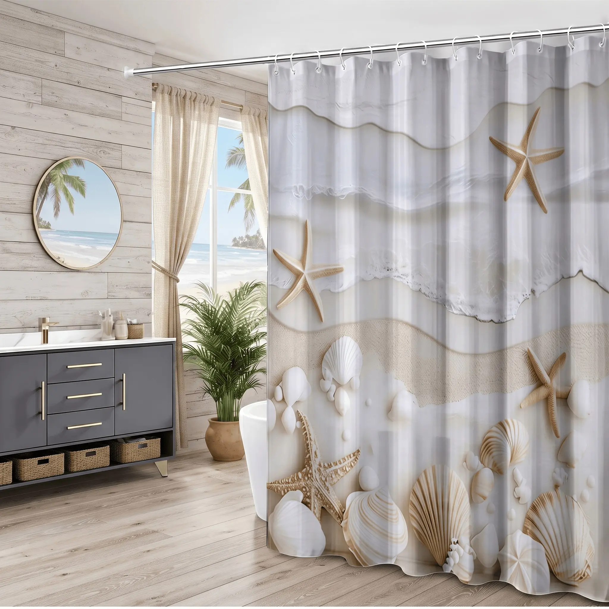 1pcs Shower Curtain with 3D Seashells and Starfish, Elegant Coastal Bathroom Decor, Perfect Valentine's Day Gift for Her