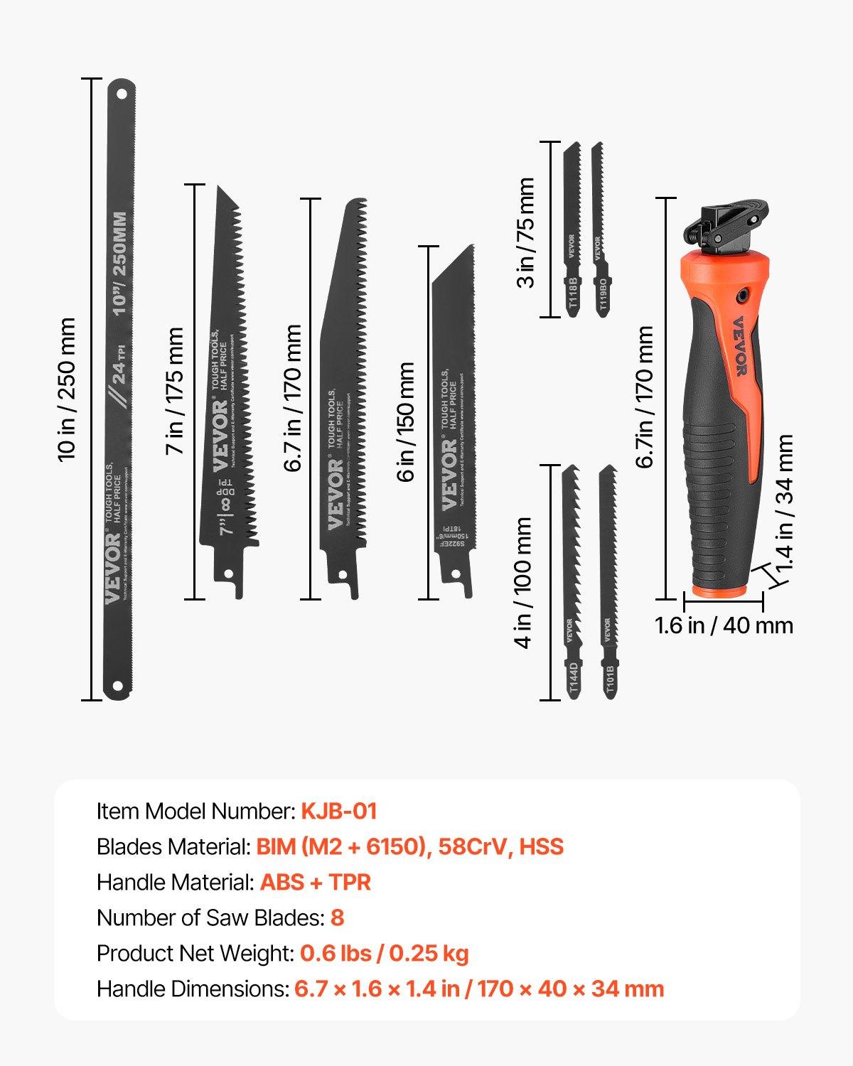 VEVOR Jab Saw, 6 in Keyhole Saw with Soft Grip Handle, 8-In-1 Multi-Blades Drywall Jab Saw, Sharp Jab Saw with Triple Ground Teeth, for Cutting Drywall Wood Metel Plastic Plywood Wallboard Thin Sheet