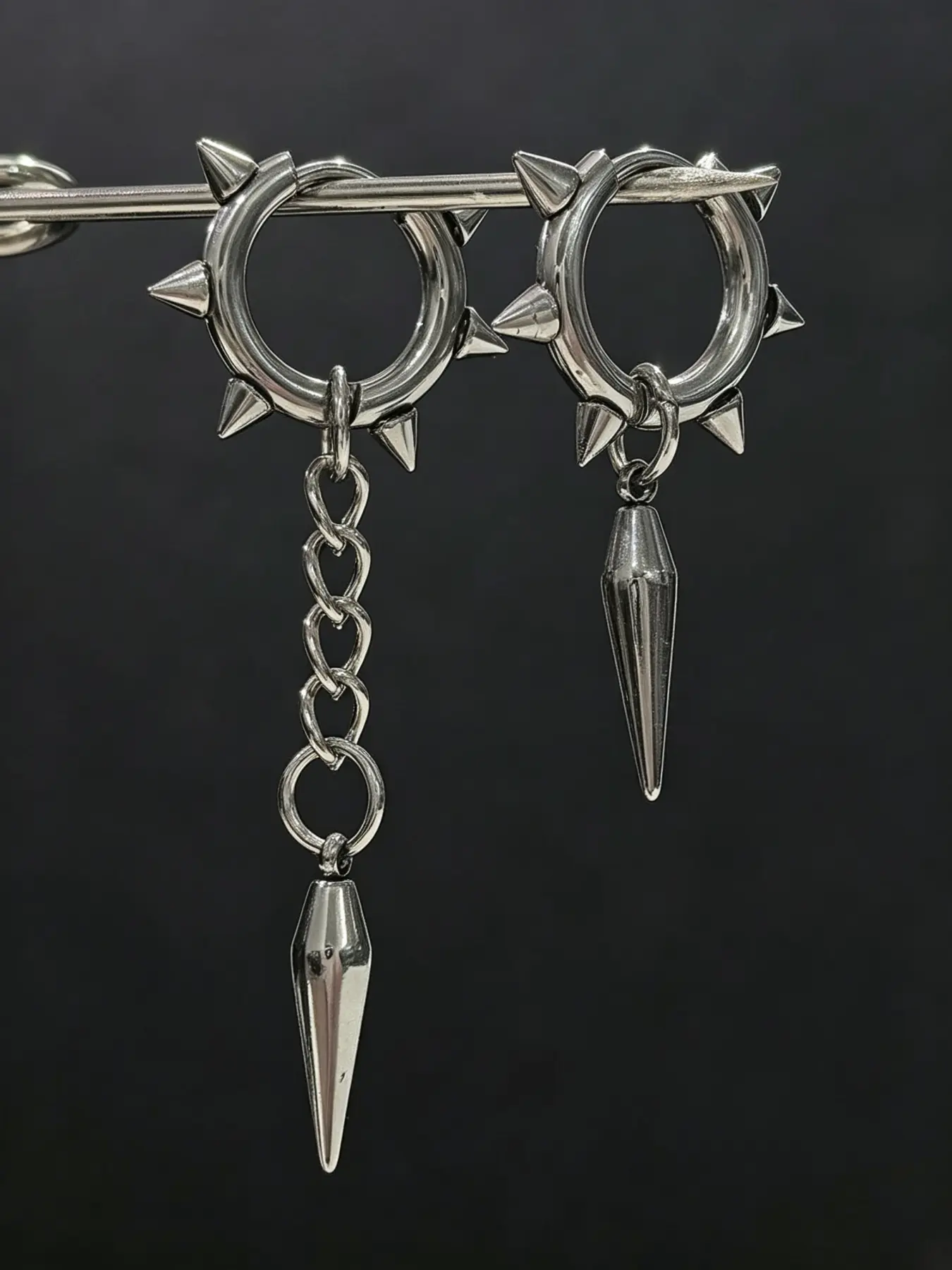 1 Pair Punk Spike Hoop Earrings, Asymmetric Chain Spike Dangle Earrings, Silver-tone Gothic Jewelry for Men and Women