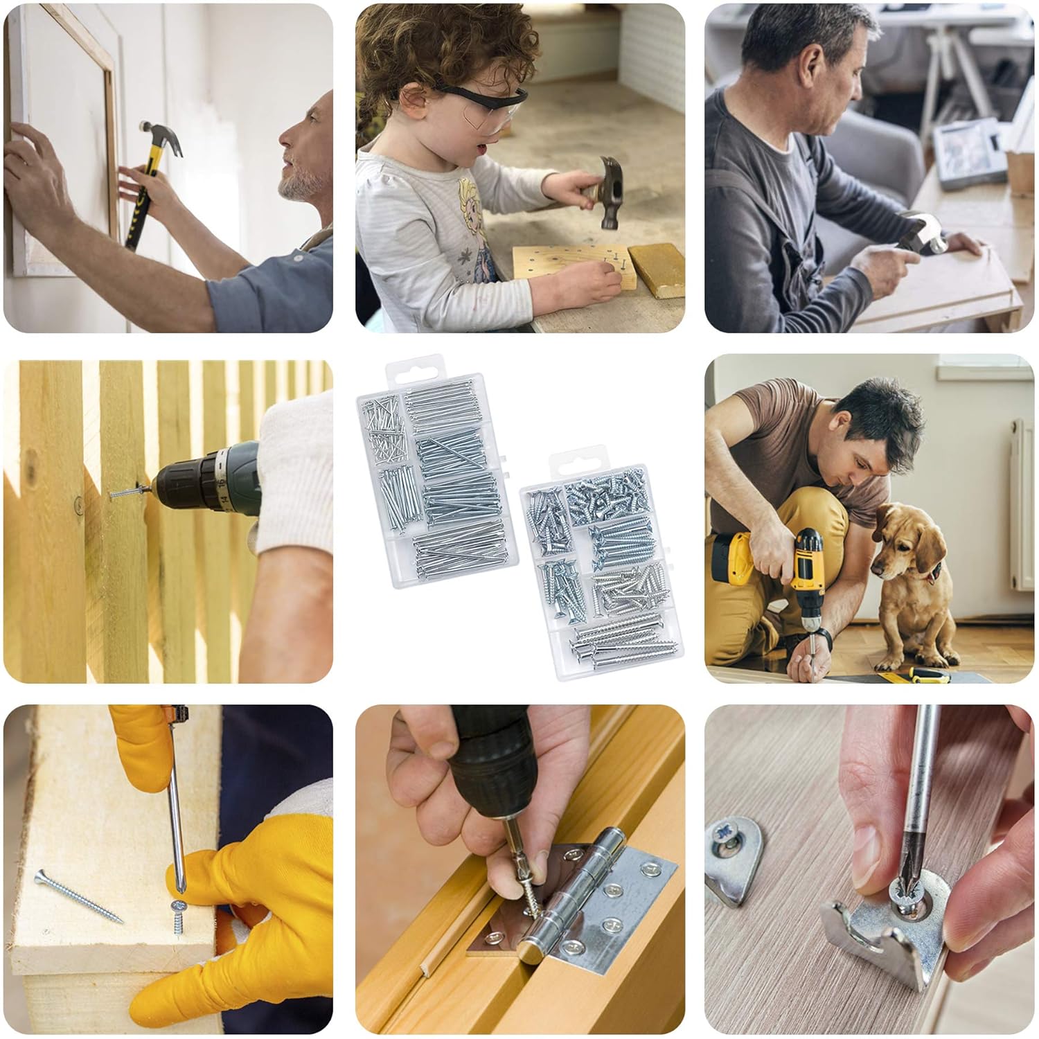 Nails and  Screws Assorted Kit 256 count - 110  Flat  Screws, 146 Picture  Nails, 6 Sizes Small Screws Assortment With Organizer Box