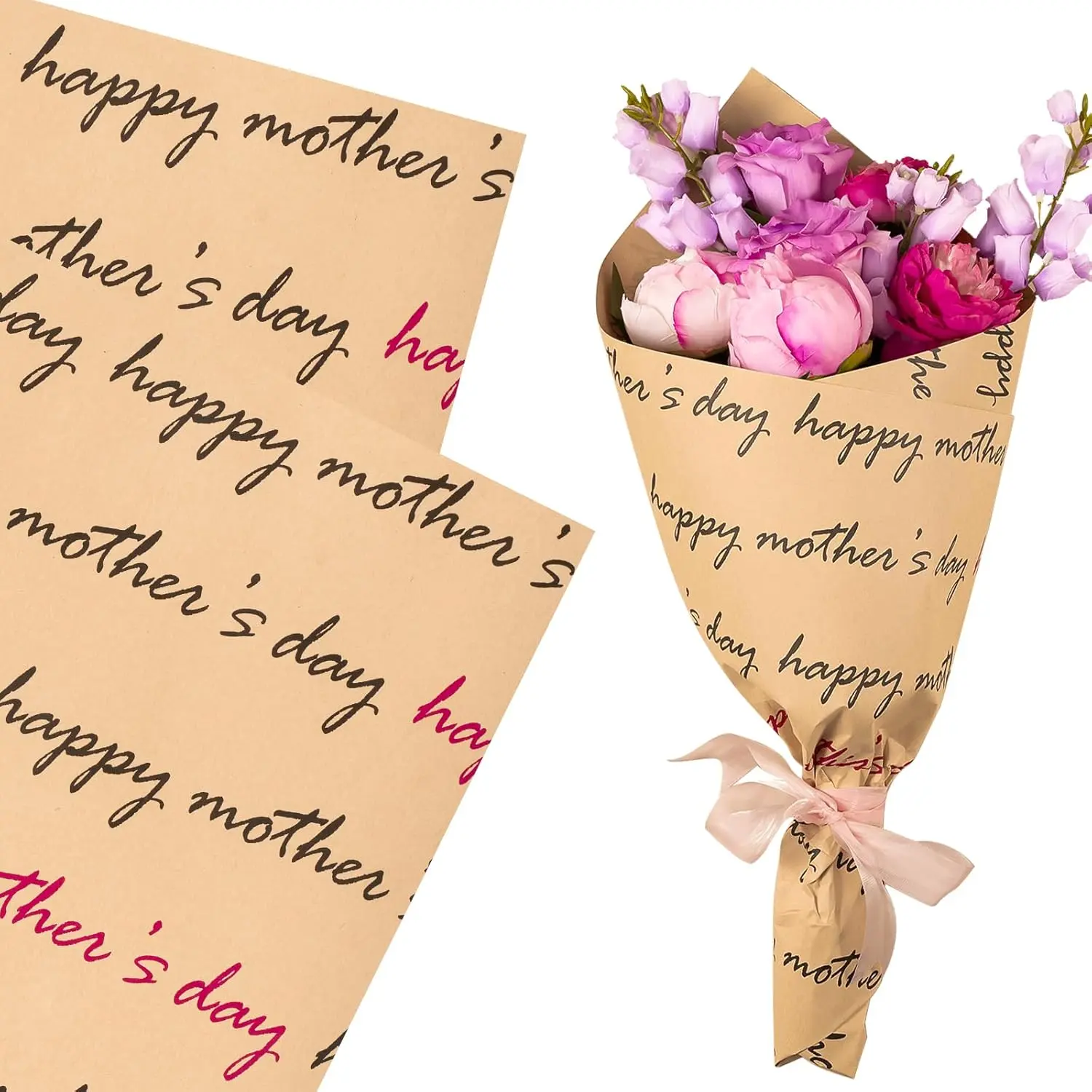 WRAPAHOLIC 10 Sheets Mothers Day Kraft Flower Wrapping Paper - 18 x 18 inch Happy Mother's Day Bouquet Wrapping Paper, Florist Supplies Packaging for Mother's Day, Mom Birthday, Gift DIY