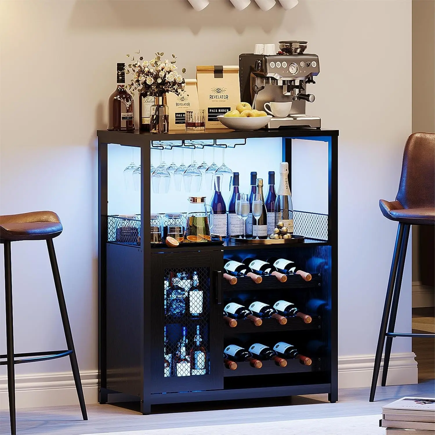 3-Tier Wine Bar Cabinet with LED Lights, Detachable Wine Rack and Glass Holder, Mesh Door Storage Sideboard Buffet Cabinet, Multifunctional Coffee Bar Station with Stable MDF Board & Iron Legs, Home Furniture for Living Room, Dining Room and Kitchen