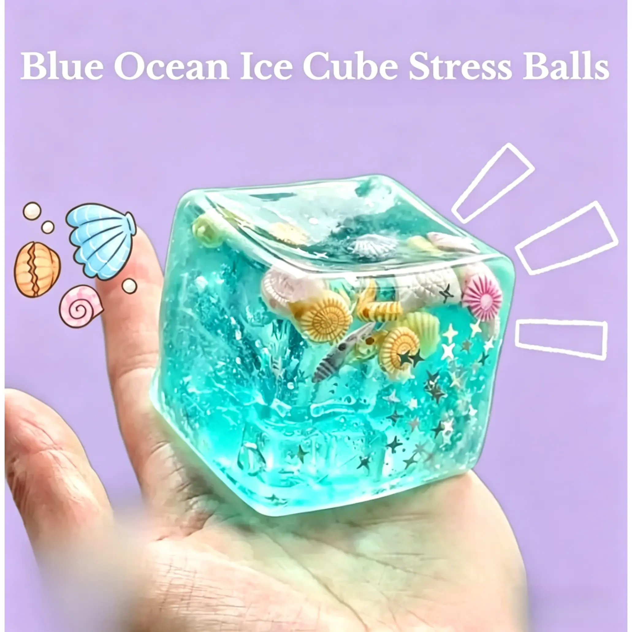Ocean Themed Cube Squishy, Transparent Glitter Stress Ball, Slow Rising Fidget Toy for Anxiety & Summer Fun   Cute Ocean Sensory Toy for Kids Adults, Non-Toxic Soft Squeeze Toy, Summer Essentials for Travel Beach Office