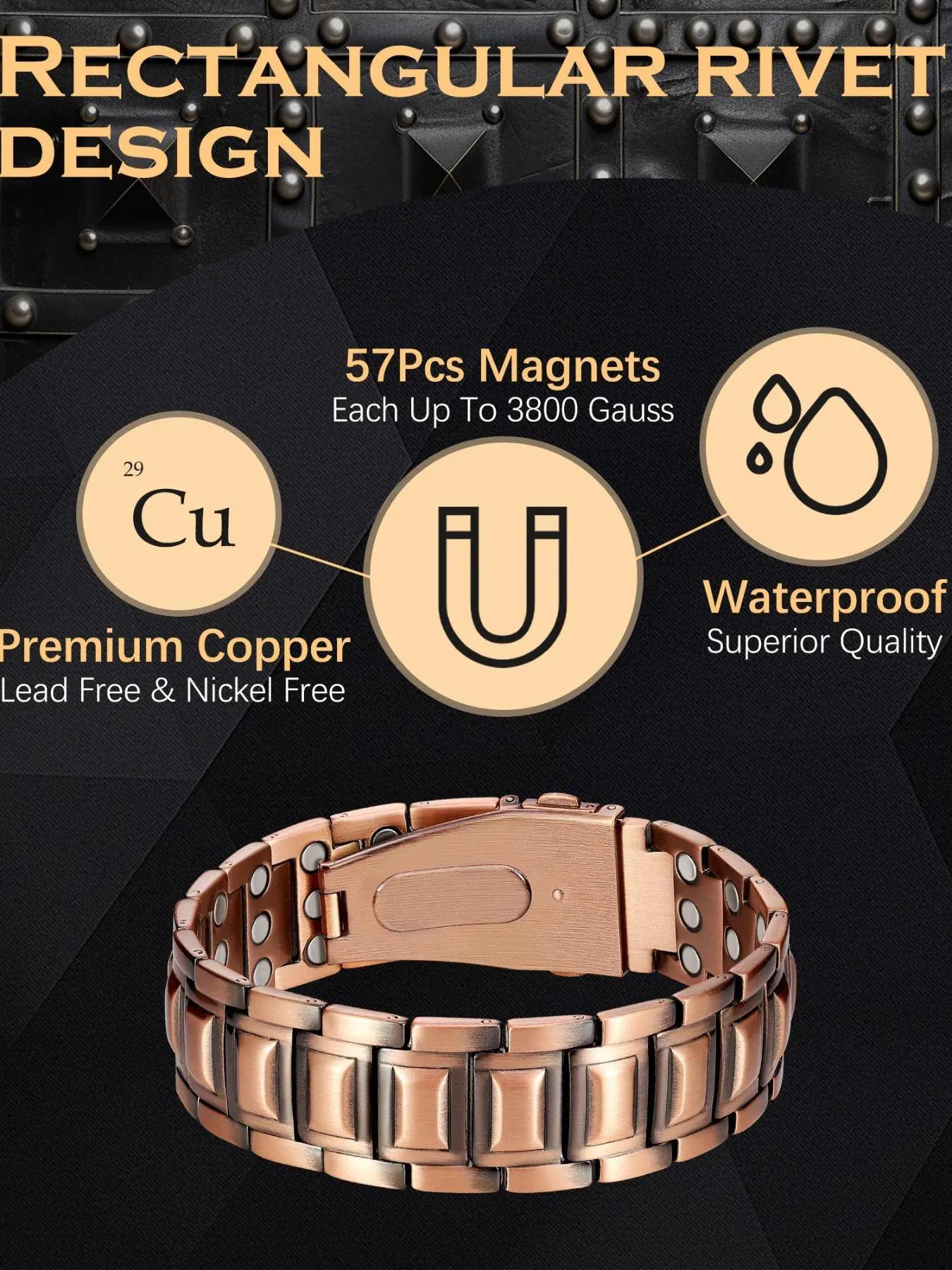 3X Magnetic Copper Bracelet for Men,Adjustable Magnetic Bracelets,Copper Jewelry Gifts for Men,3800 Gauss Strength Magnets,Pro Fold-Over Butterfly Clasp