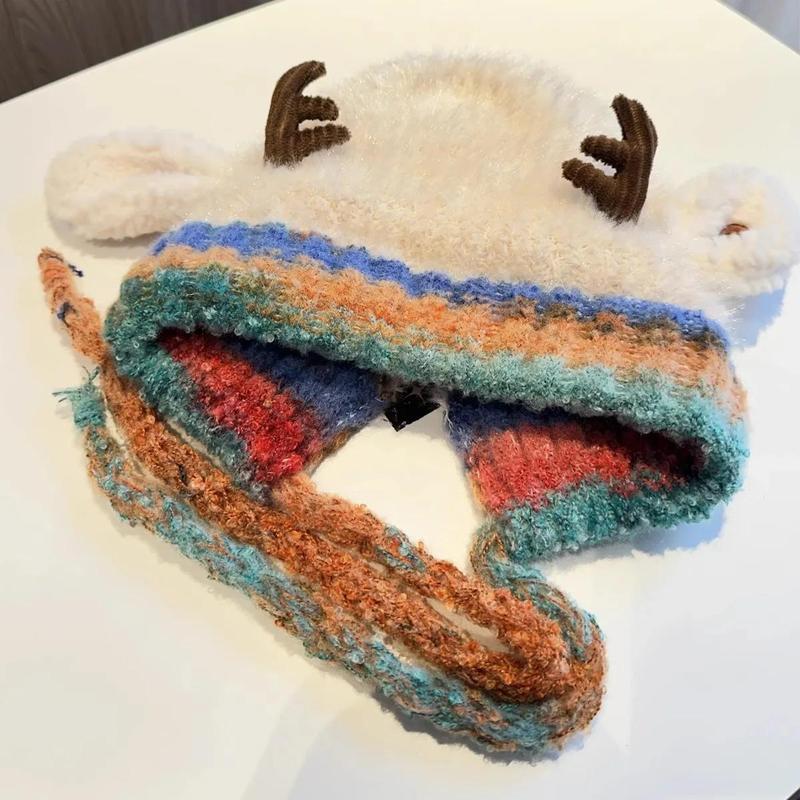 Cute Christmas Antlers Plush Hat for Autumn Winter Warmth Machine Washable Ear Protectors Knitted Wool Lei Feng Adjustable 53-58cm  Christmas gift surprise