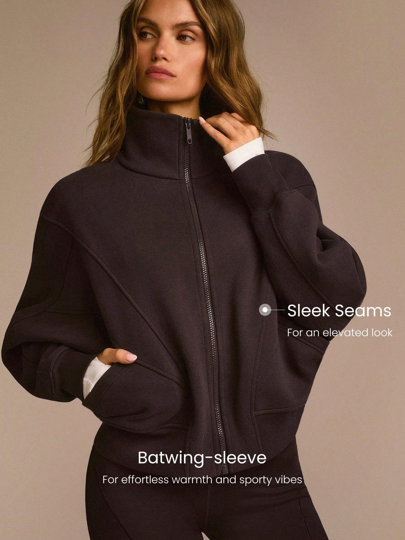 GLOWMODE Everyday Fleece WarmthSoft Warm Lightweight Front Back Seam Detailing Pockets Batwing Sleeve High Neckline Full-Zip Jacket