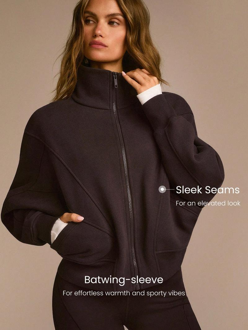 GLOWMODE Everyday Fleece WarmthSoft Warm Lightweight Front Back Seam Detailing Pockets Batwing Sleeve High Neckline Full-Zip Jacket