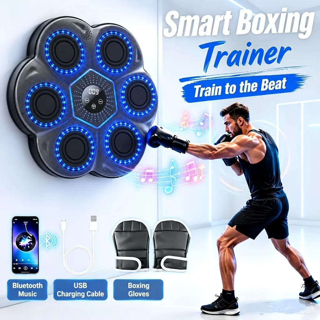 Wall-mounted smart boxing trainer with 15 speed levels and adjustable height.Equipped with smart counting function, LED lights and wireless music connection.Perfect for home workouts and family interactive entertainment.Free boxing gloves are included.