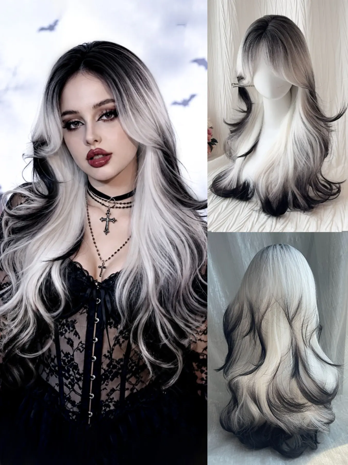 【Halloween Style】Black‑White Ombre Big Wavy Wig, Atmospheric Y2K Gothic Heat Resistant Synthetic Wig, Breathable Rose Mesh Cap Simulated Scalp, For Women Halloween Themed Party Cosplay, Ombre Layered Wigs