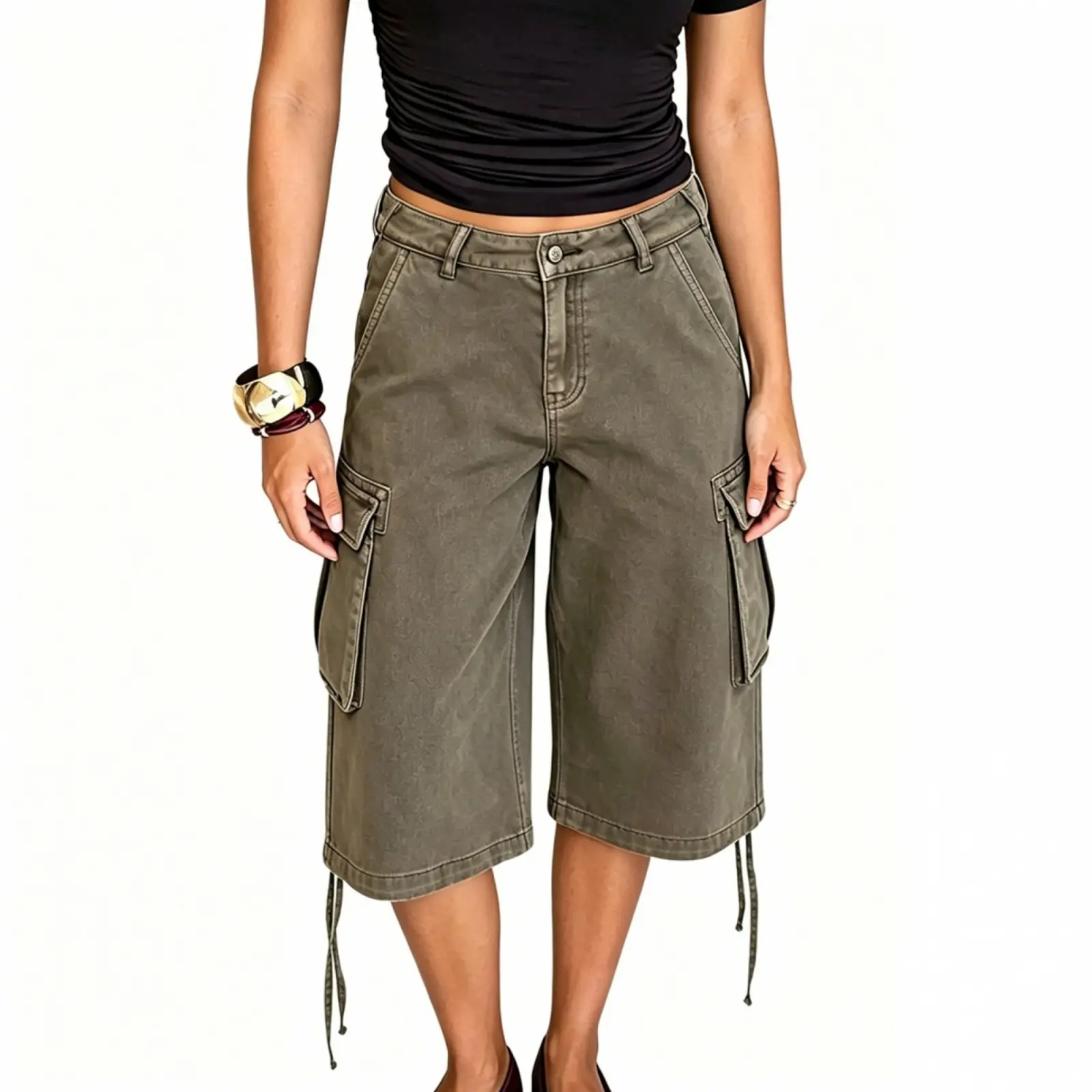 Women Loose Fit Denim Shorts Solid Color Length Bermuda Cargo Shorts