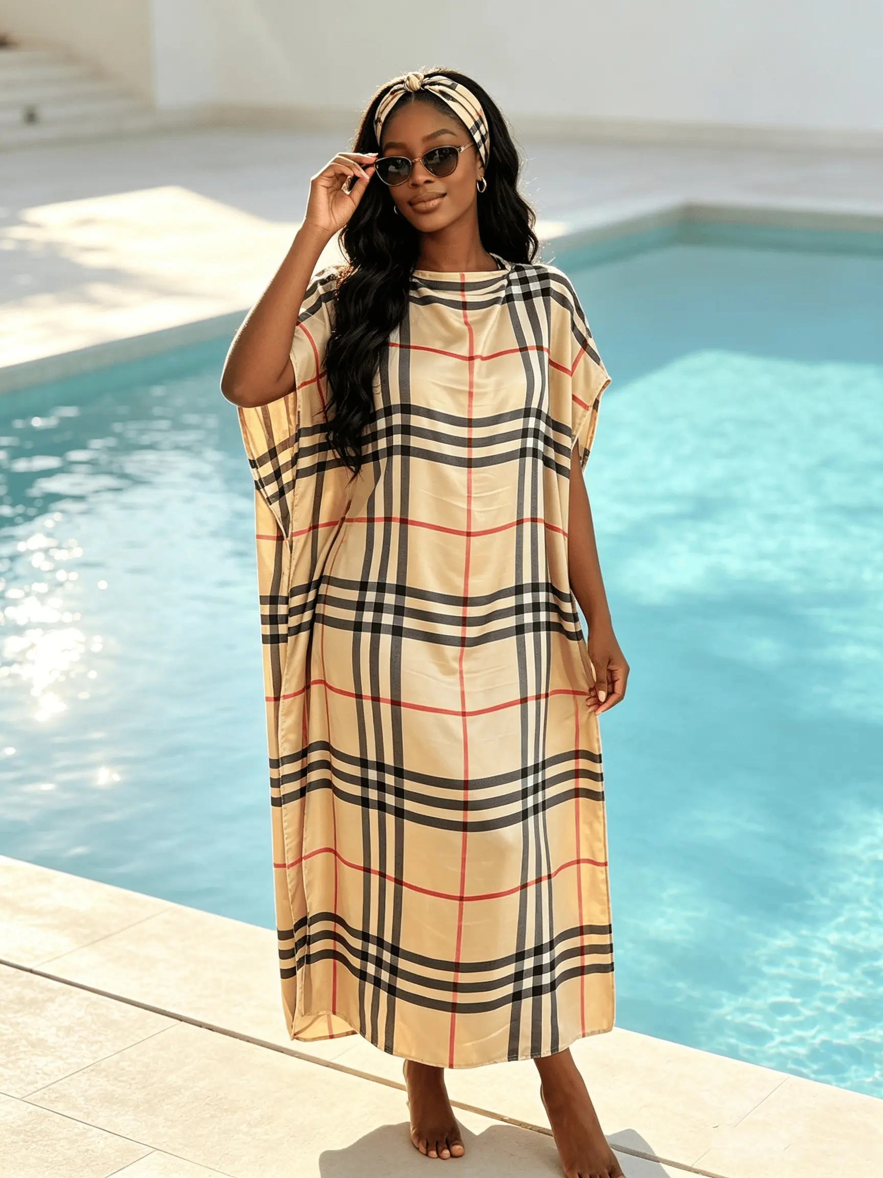 Plus Size Khaki Classic Plaid Hot Drill Rhinestone Trim Kaftan Two Piece Set With Matching Head Scarf, Oversized Loose Split Hem Maxi Caftan Robe, Soft Breathable Glam Beach Cover Up Women Resort Vacation Loungewear Nightgown, Beach Kaftans