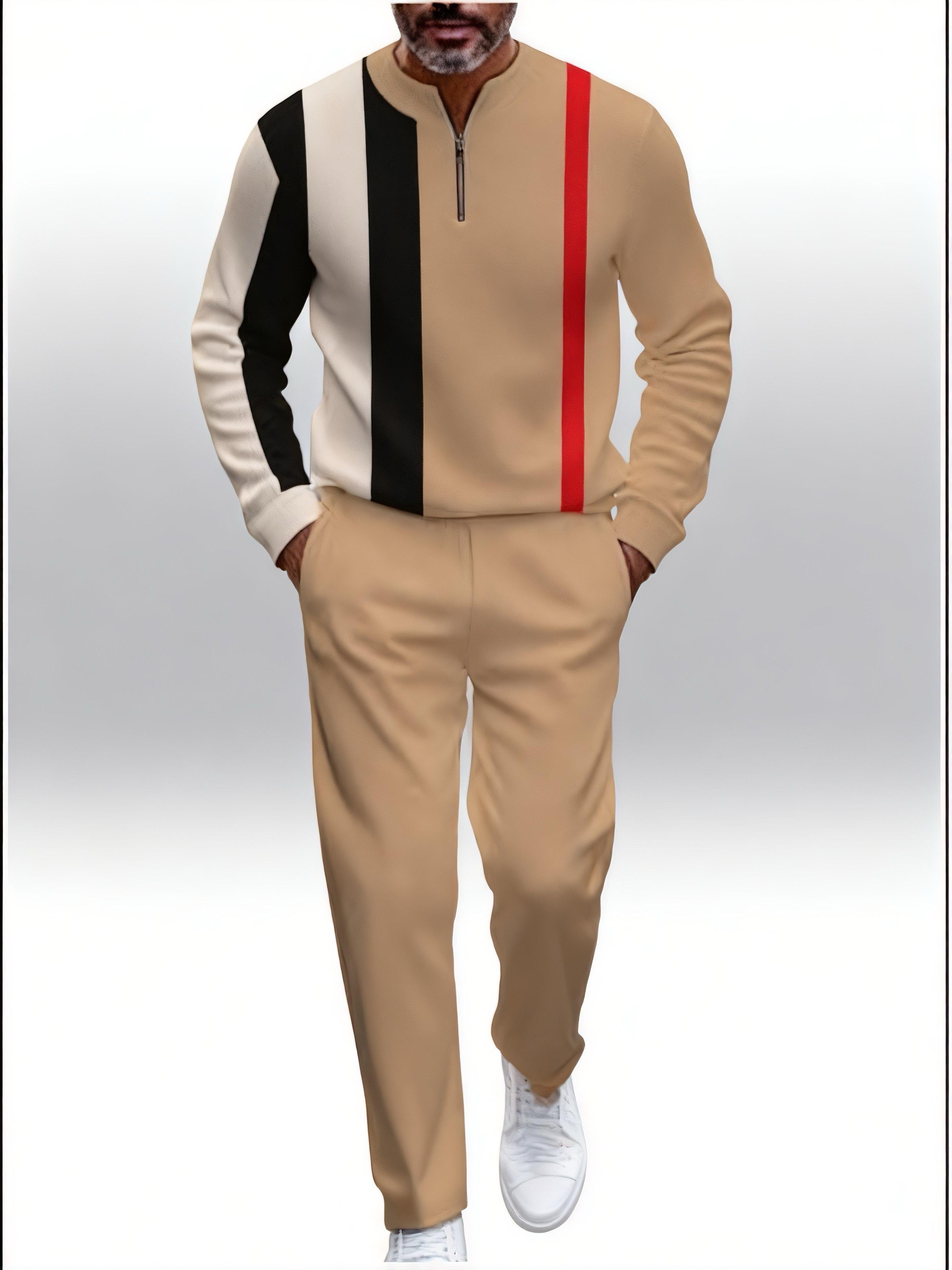 Business casual fashion men's digital printed sportswear set, featuring a street-style patterned digital half-zip sweater + pants, a two-piece men's outfit