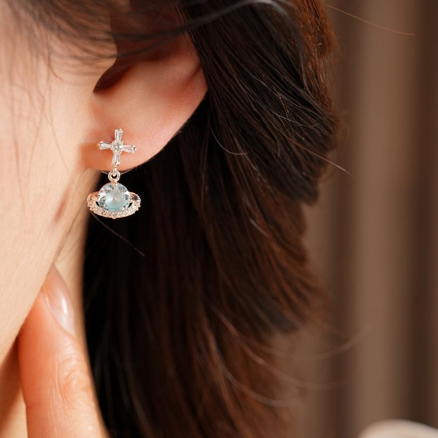 925 Silver Needle Cross Saturn Earrings | Minimalist Cool Style Zircon Planet Earrings Luxury Jewelry